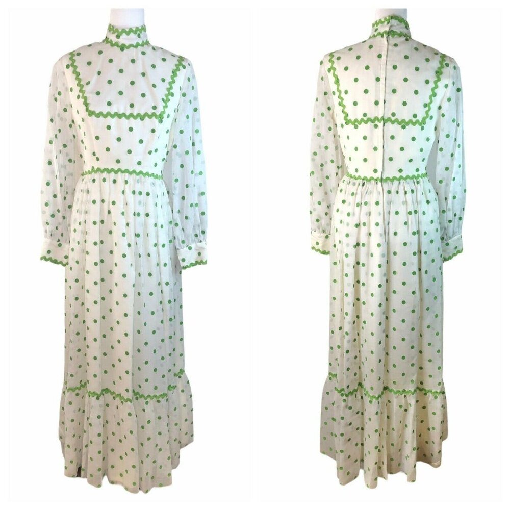 Vintage 70s White Green Polka Dot Maxi Dress Long Sleeves High Neck Zipper Back